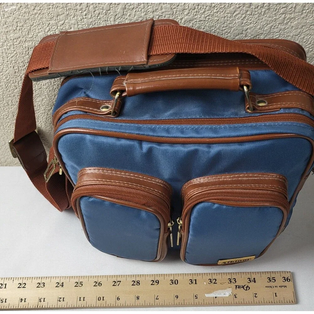 Vtg Albinar Leather/Canvas Camera Bag 4 Zip Pockets Shoulder Strap Blue/Brown